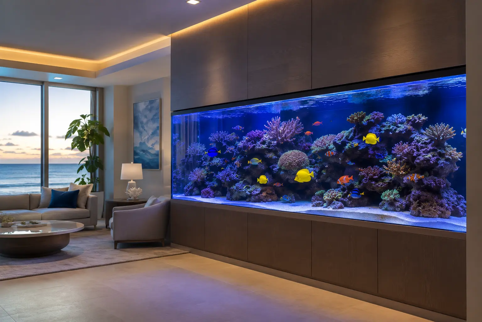 A stunning marine aquarium transforms the room into a coastal retreat, with vibrant reef life, natural rockwork, and calming ocean-inspired elegance.