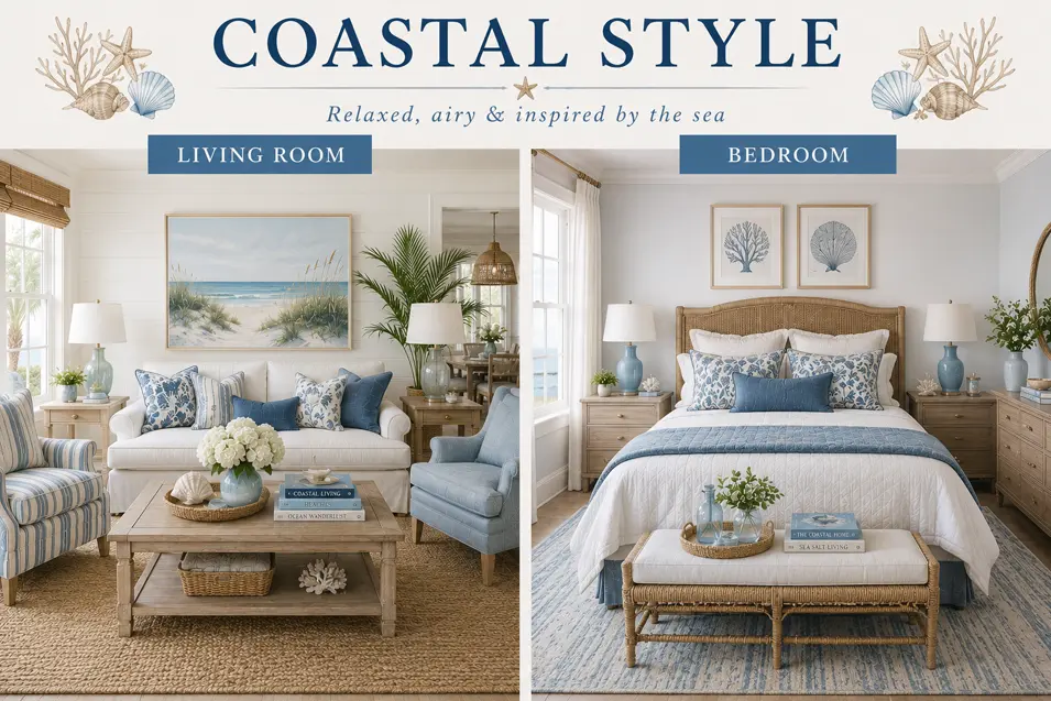 Coastal style interior showcase featuring a bright living room and bedroom with soft blue accents, natural textures, beach-inspired decor and airy comfort.