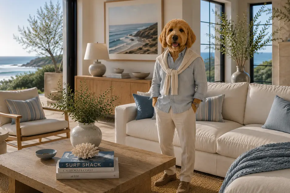 Anthropomorphic goldendoodle in a light blue shirt and sweater drape stands in a bright California coastal living room with ocean views and airy decor.