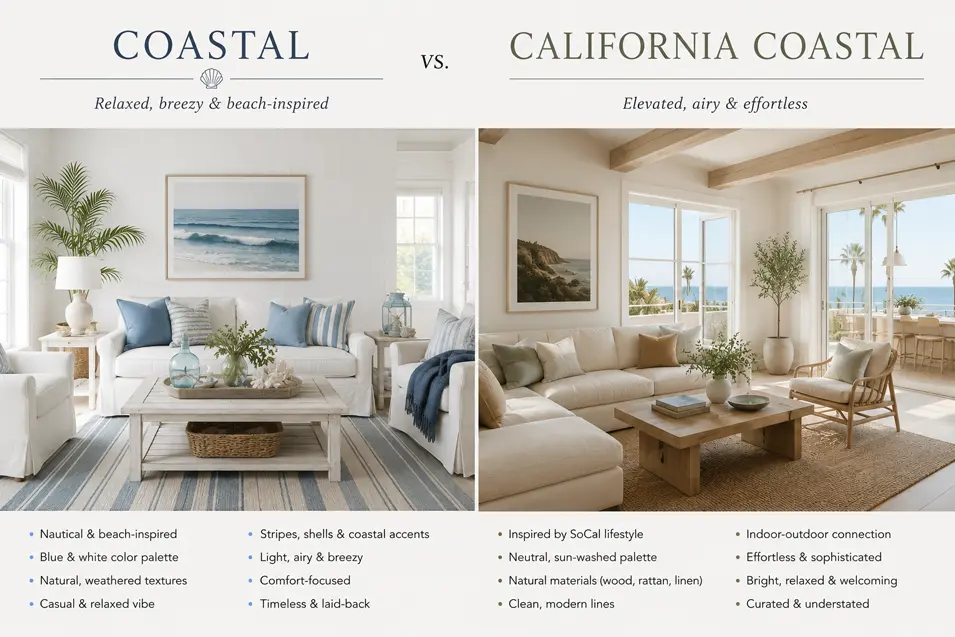 Side-by-side living room comparison: Coastal style with blue-and-white beach-inspired decor vs California Coastal with warm neutrals, natural textures and indoor-outdoor living.