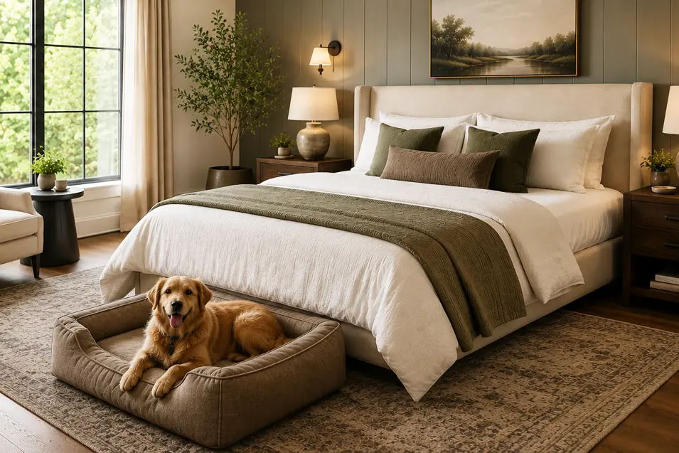 Modern bedroom with white bedding, green accent wall, and a golden retriever resting in a dog bed beside the bed.