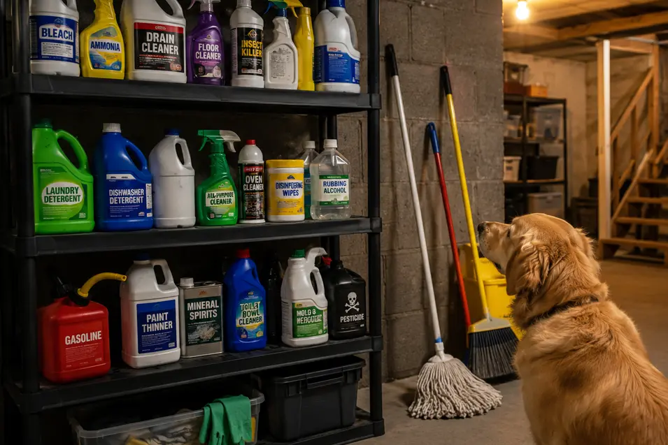 Golden Retriever sitting near a storage shelf filled with household cleaning chemicals, detergents, and hazardous products in a basement utility area.