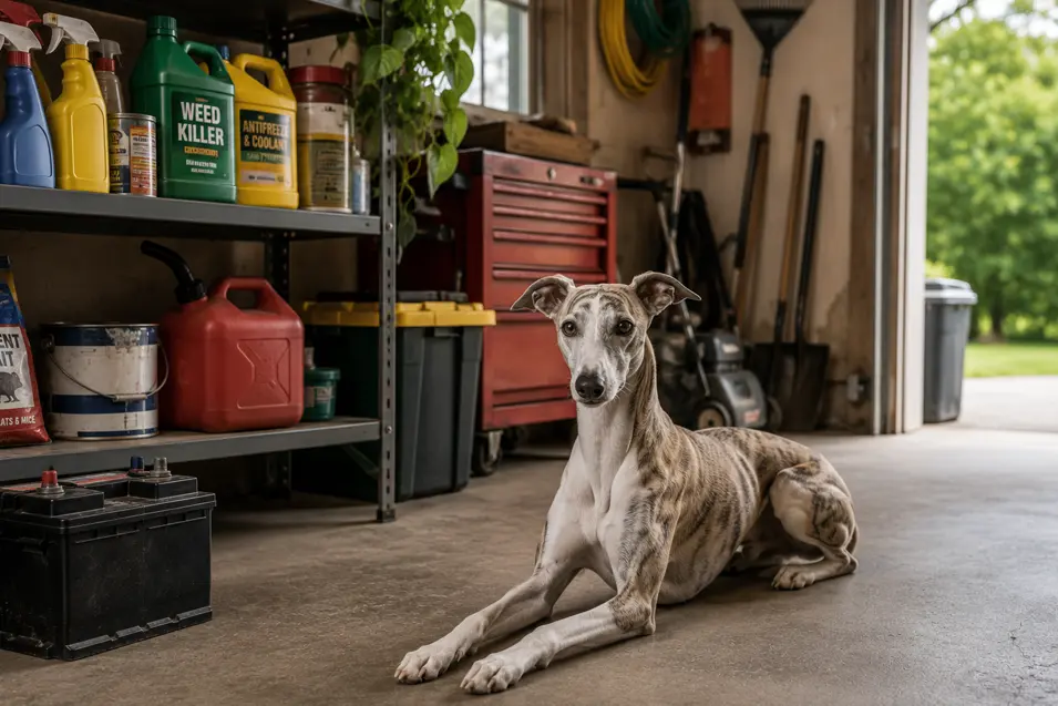 Whippet lying on a garage floor beside shelves containing automotive fluids, pesticides, batteries, and other hazardous products, highlighting common garage toxins that can endanger pets.