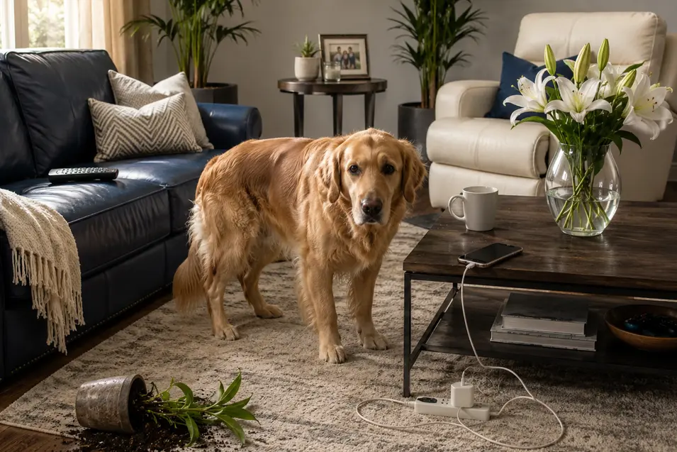 Golden Retriever standing in a living room near a fallen houseplant, with spilled soil, charging cables, and household items visible around the room.