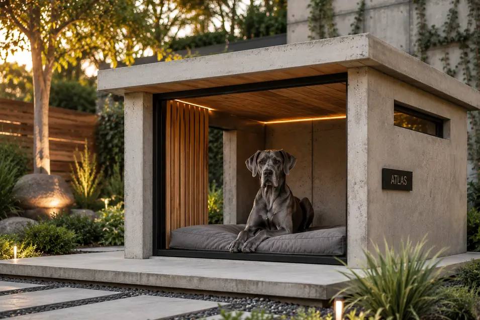 Luxury modern concrete dog house with clean architectural lines, warm wood accents, and ambient lighting, featuring a majestic Great Dane on a plush bed.