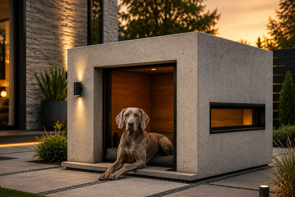 Modern industrial concrete dog house with warm wood interior and sleek black accents, featuring a relaxed Weimaraner in a luxurious, landscaped backyard at sunset.