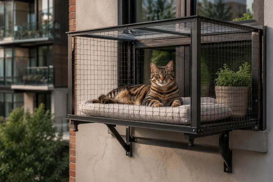 Cat relaxing inside a window-mounted catio attached to a modern condo, enjoying fresh air and outdoor views from a secure enclosed perch.