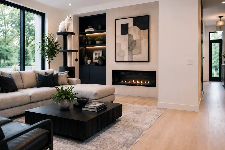 Contemporary living room with a tall black cat tree behind a beige sectional sofa, featuring a white cat perched above a modern fireplace and built-in shelves.