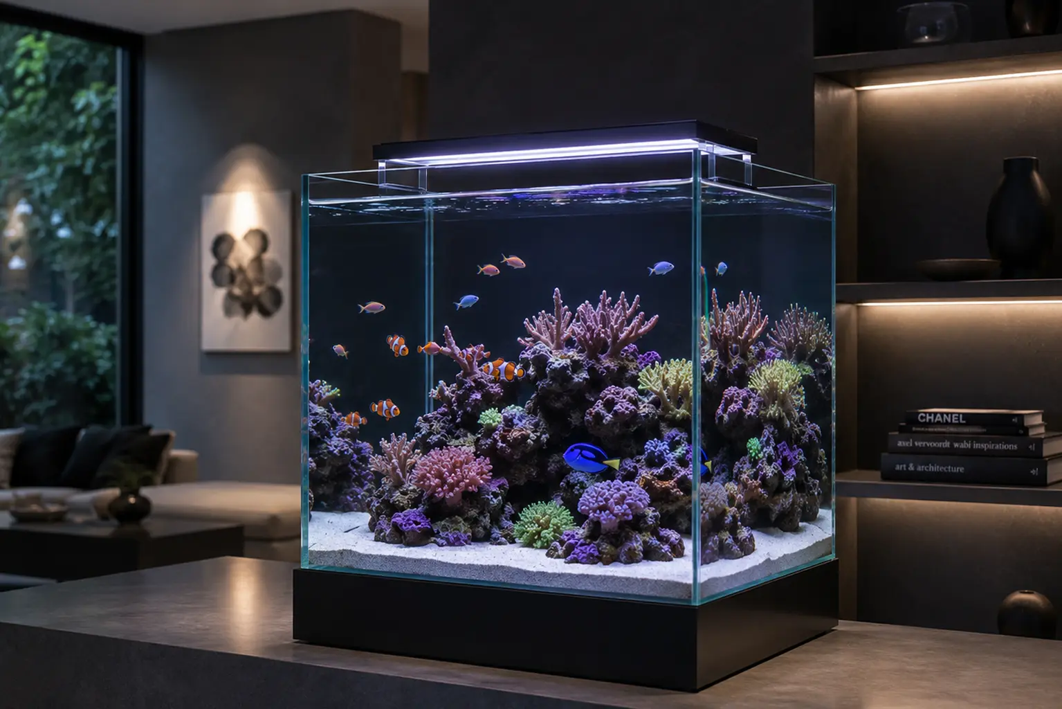 A crystal-clear cube aquarium pairs clean lines and minimalist design with vibrant aquatic life, creating a striking modern living centerpiece.