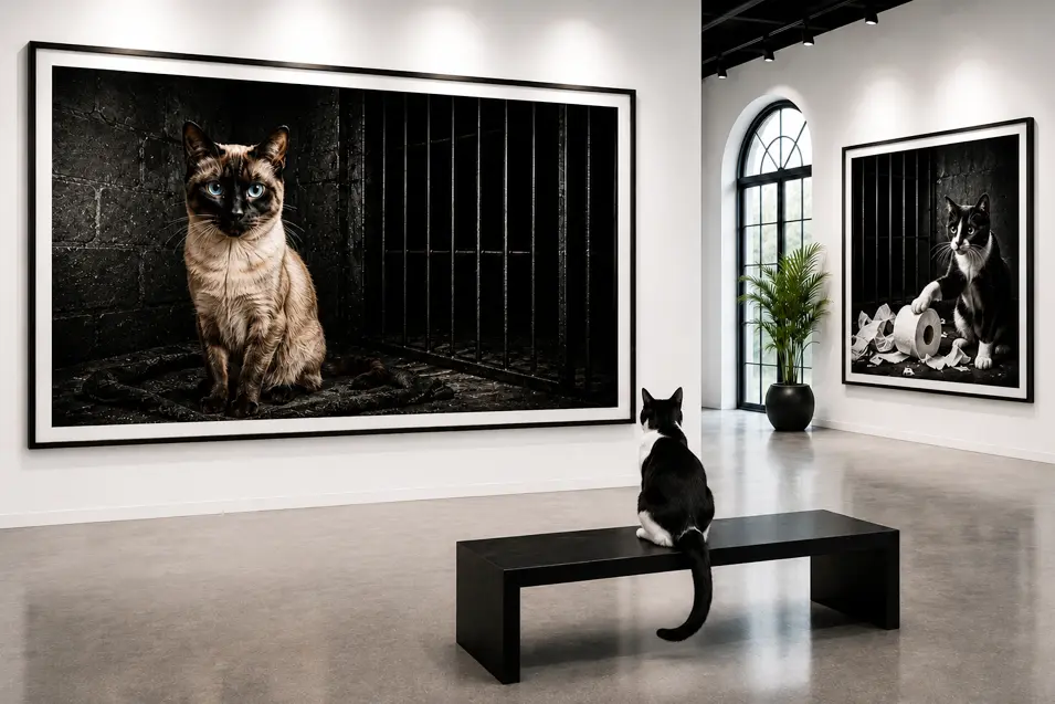 A tuxedo cat sits on a minimalist bench angled toward dramatic oversized cat portraits in a bright contemporary gallery with polished concrete floors.