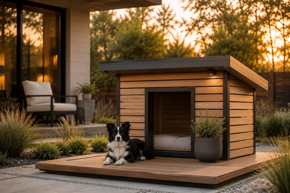 Luxury contemporary minimalist dog house with clean lines, cedar and black accents, and a peaceful landscaped backyard with a Border Collie.