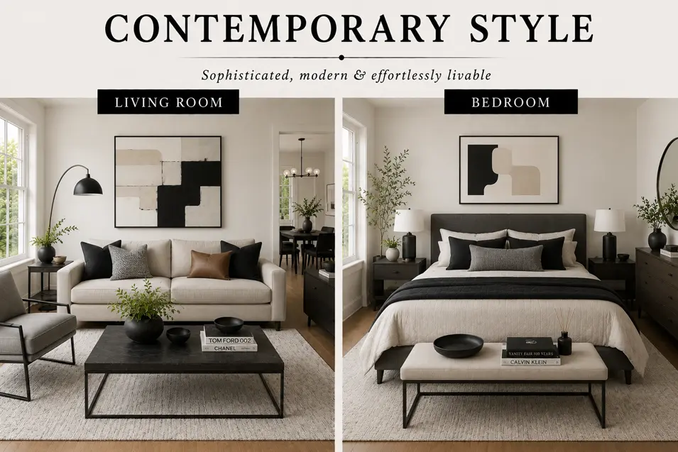 Contemporary style interior showcase featuring a sophisticated living room and bedroom with clean lines, neutral tones, modern furnishings and refined simplicity.