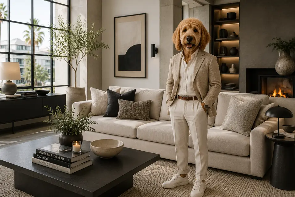 Contemporary living room with a well-dressed doodle interior designer, featuring clean lines, neutral tones, modern furnishings, and a sleek fireplace.