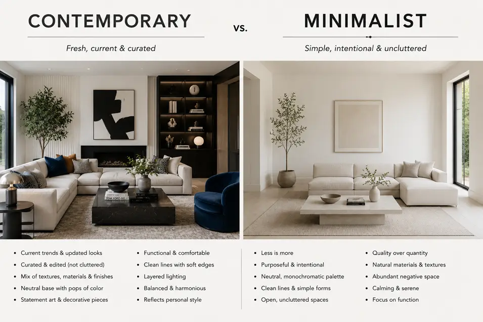 Side-by-side living room comparison: Contemporary style with layered textures, curated decor and modern comfort vs Minimalist style with clean lines and uncluttered simplicity.