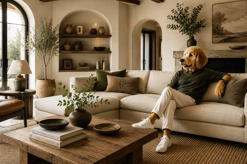 Goldendoodle standing beside a rustic wood coffee table in a warm Mediterranean-style living room with arched windows, fireplace, and earthy décor.