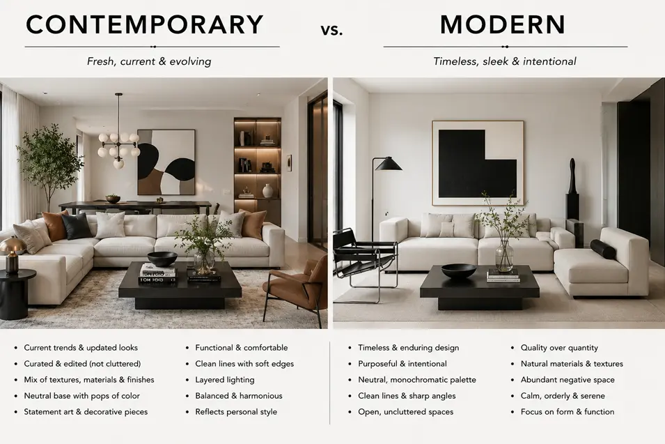 Contemporary vs. Modern interior design comparison showing two neutral-toned living rooms with key differences in style, layout, materials, and design philosophy.