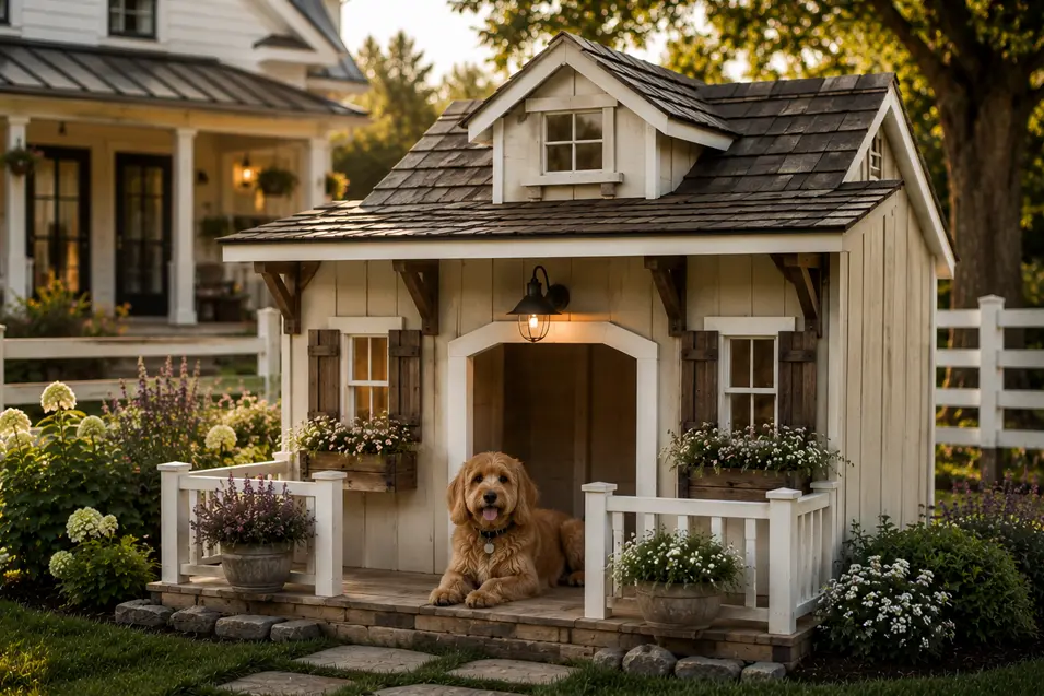 Charming farmhouse dog house with a happy Cockapoo, cozy front porch, flower boxes, rustic shutters, and classic country charm at golden hour.