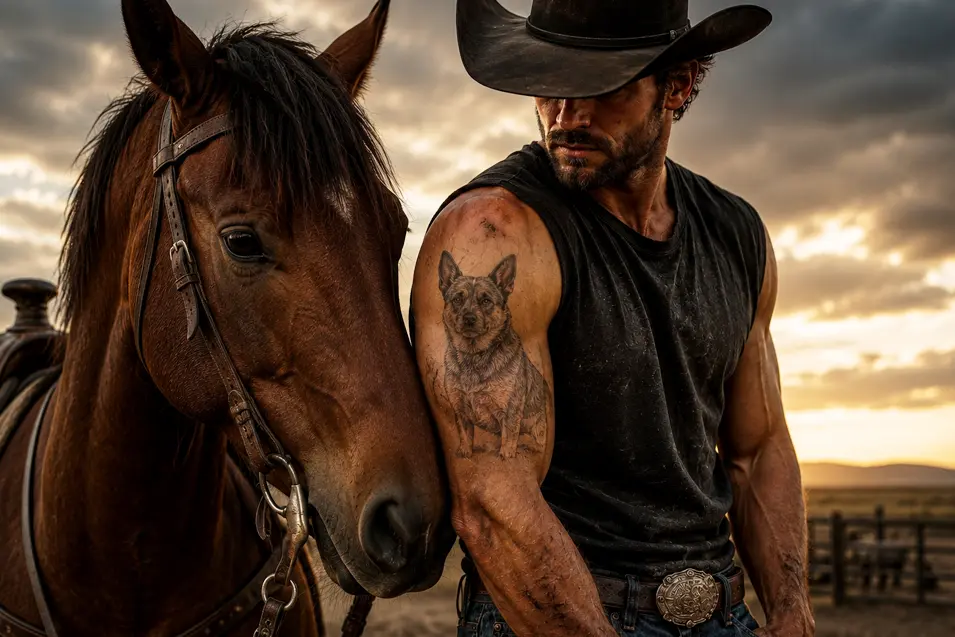 Muscular cowboy beside his trusted horse at sunset, wearing a sleeveless shirt with a detailed cattle dog tattoo, captured in dramatic Western ranch lighting.
