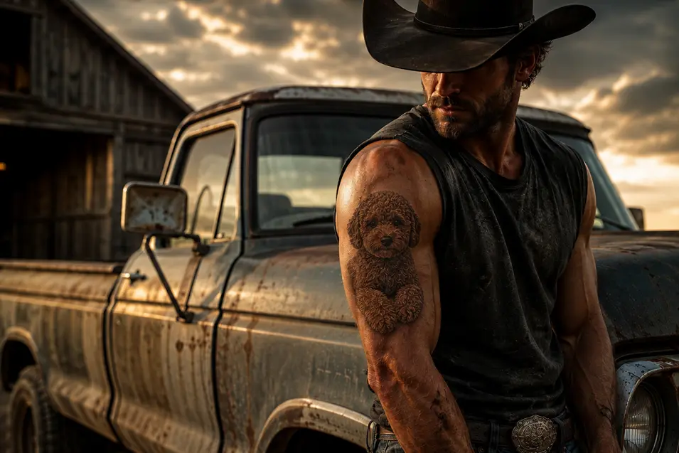 Rugged cowboy beside a weathered pickup truck, featuring a lifelike tattoo of a curly-haired dog, captured in dramatic golden-hour western photography.