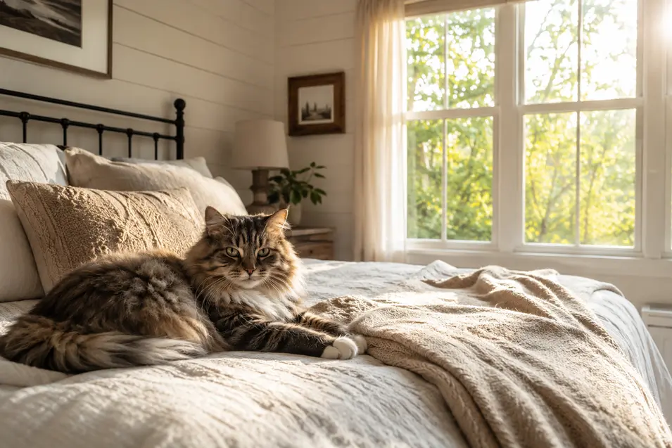 Fluffy tabby cat relaxing on a cozy bed in a sunlit bedroom, with warm afternoon light, soft natural décor, and a calm, inviting atmosphere.