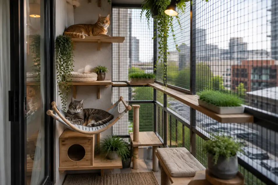 Two cats enjoying a cozy multi-level apartment catio, with one perched on an upper shelf and another relaxing in a hammock beside city views.