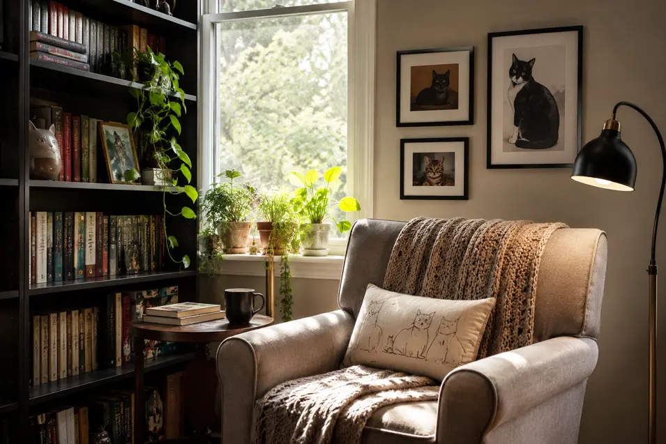 Cozy reading nook with armchair, bookshelves, houseplants, and framed cat artwork, bathed in warm natural light beside a large window.