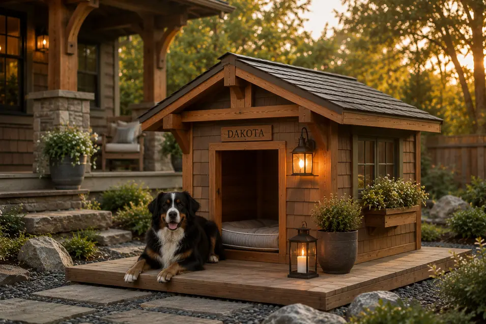 Luxury Craftsman dog house with rich cedar, exposed timber details, artisan charm, and a Bernese Mountain Dog in a beautifully landscaped backyard.