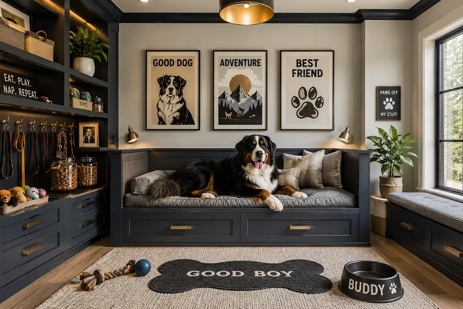 Luxury dog room with custom built-in storage, dog toys and treats, framed dog-themed artwork, and a Bernese Mountain Dog relaxing on a cushioned bench.