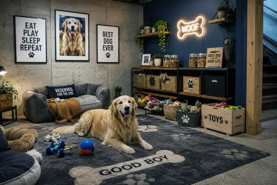 Golden Retriever relaxing in a stylish dog room with toy storage, pet bed, dog-themed wall art, and organized shelves filled with treats and toys.