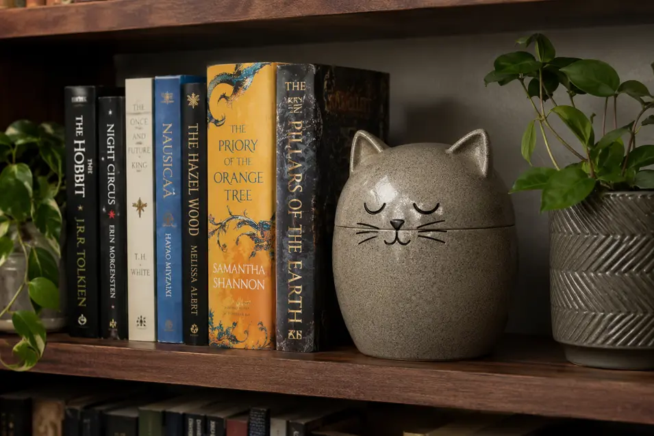 Cat-shaped memorial urn displayed on a dark wooden bookshelf beside a row of novels and leafy green houseplants, illuminated by warm natural light in a cozy, home-library setting. Photorealistic composition with rich wood tones, soft shadows, and a peaceful, decorative atmosphere.