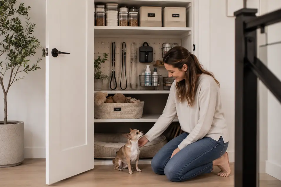 Woman kneeling beside a Chihuahua in front of a neatly organized pet supply closet featuring labeled storage bins, leashes, grooming products, toys, and a pet bed, showcasing a stylish minimalist solution for pet organization at home.