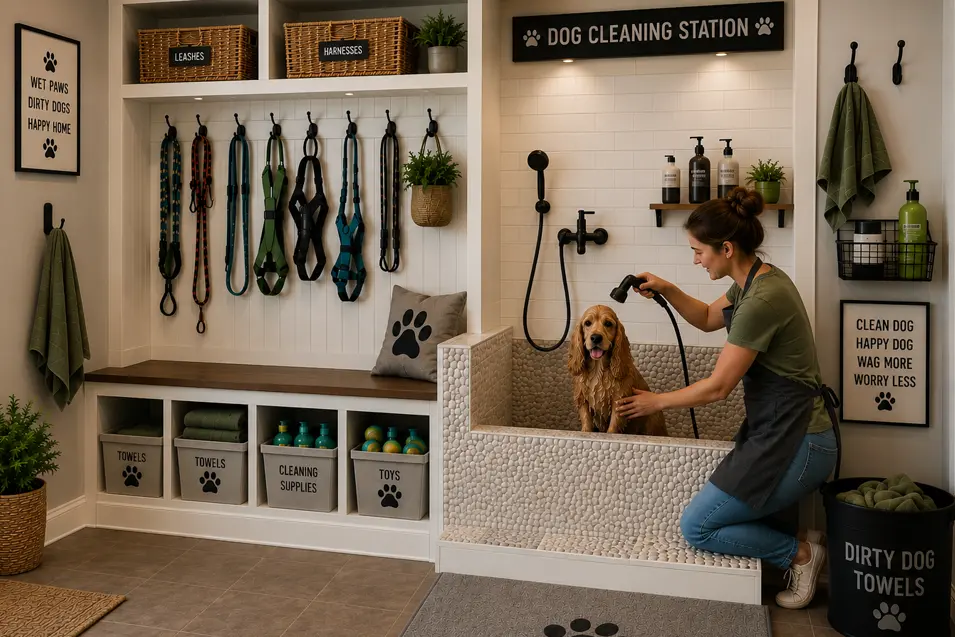 Dedicated dog cleaning station in a pet-friendly mudroom featuring a tiled dog wash tub, organized storage for leashes and harnesses, and a woman bathing a Cocker Spaniel after outdoor activities.