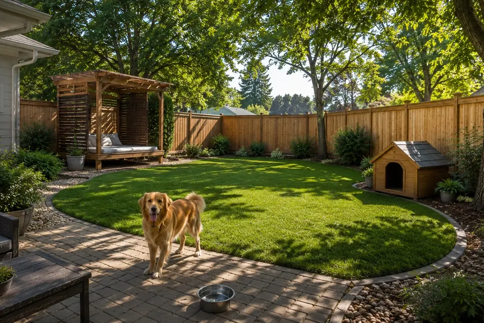 Secure cedar privacy fencing surrounds a lush lawn with shaded trees, cozy dog shelter, fresh water station, soft resting area, and open play space.