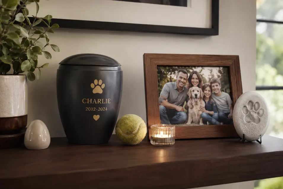 Modern memorial shelf with a dog’s urn, tennis ball, paw print keepsake, and framed family photo, styled in a contemporary home with warm natural light.