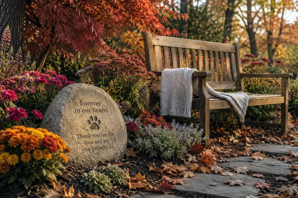 Autumn garden with a wooden bench, colorful fall flowers, and a pet memorial stone beside a leaf-strewn path, glowing in warm evening light.