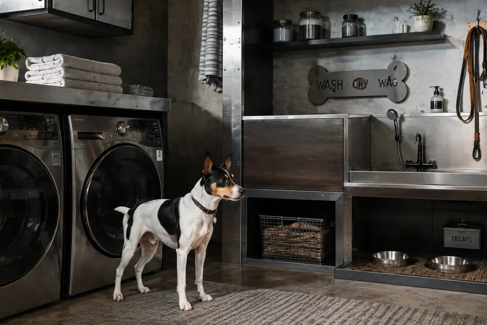 Rat Terrier standing in a luxury industrial-style laundry room featuring stainless steel cabinetry, a built-in pet wash station, storage baskets, and dedicated feeding areas for pet care.