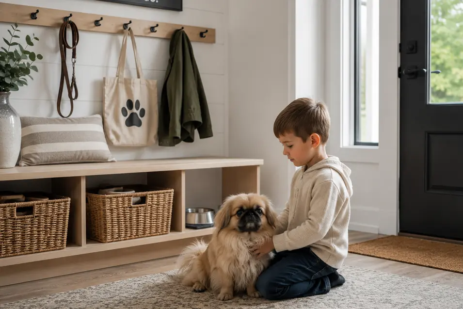 Young boy sitting with a Pekingese in a bright Scandinavian-style entryway featuring organized pet storage, woven baskets, leash hooks, and a dedicated pet drop zone.