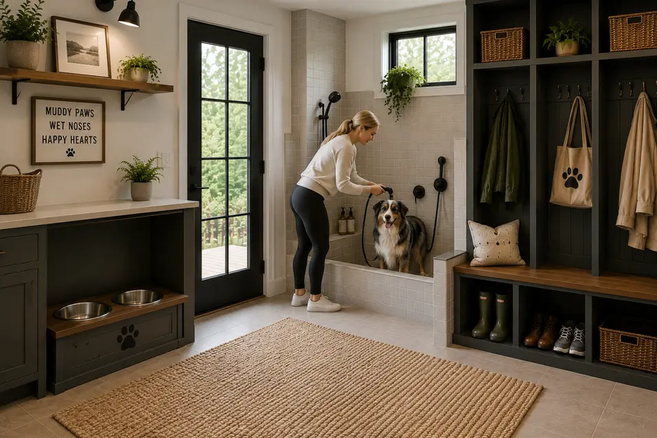 Pet-friendly mudroom with built-in feeding station, Australian Shepherd in a low-entry dog wash, coat storage, bench seating, and warm modern finishes.