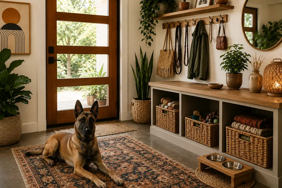 Modern bohemian-style pet-friendly entryway featuring a Belgian Malinois resting on a patterned area rug near a wood-framed glass front door. The bright, welcoming space includes built-in bench storage with woven baskets, wall hooks for leashes and jackets, indoor plants, warm natural textures, a large round mirror, and soft ambient lighting that creates an organized and inviting entrance.