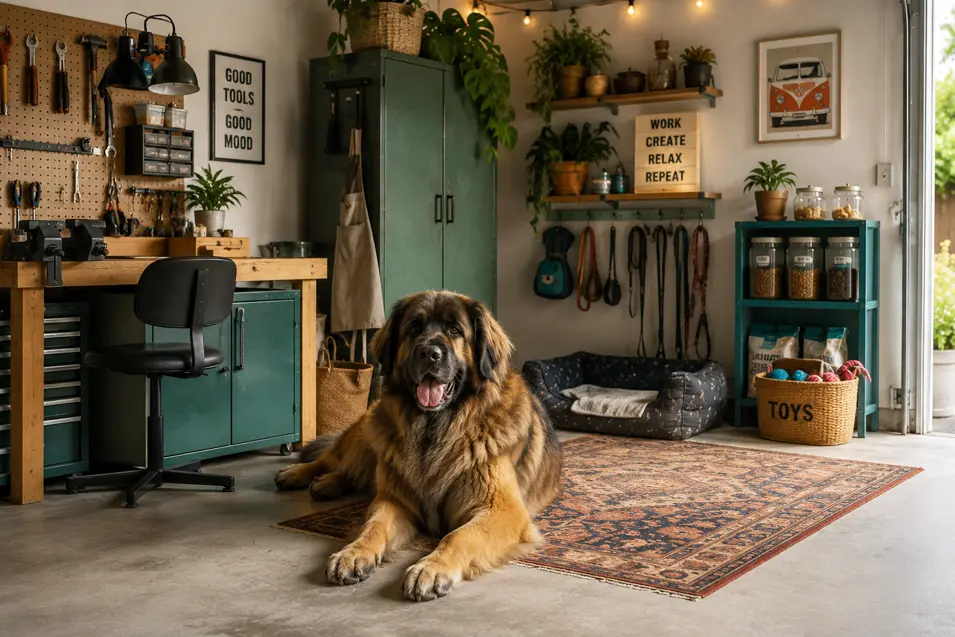 Leonberger relaxing in a bohemian-style garage workspace with organized pet supplies, tool storage, indoor plants, and a comfortable pet area designed for safety and comfort.