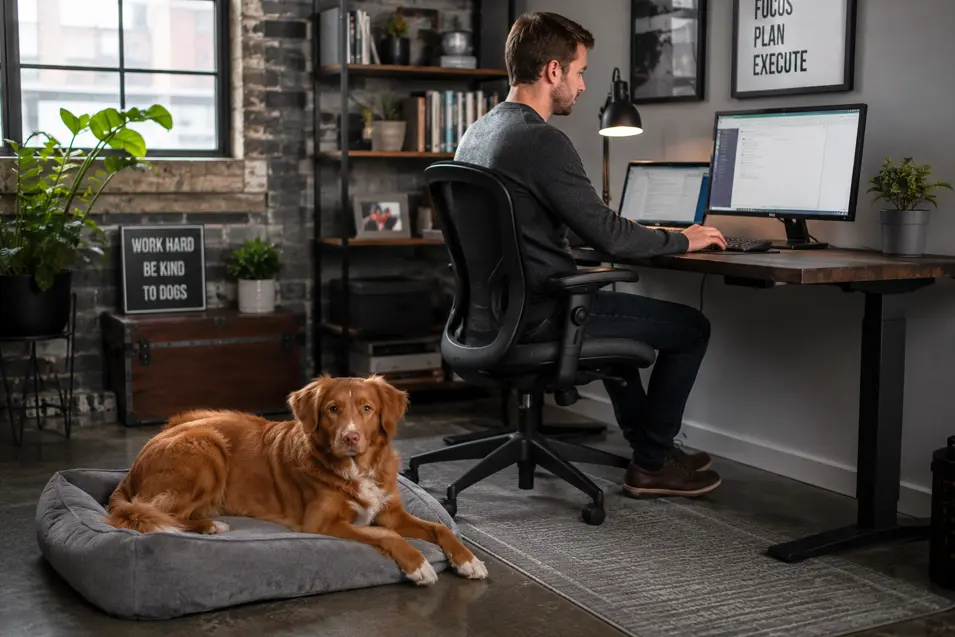 Man working at a desk in an industrial-style home office while a Nova Scotia Duck Tolling Retriever relaxes on a dog bed nearby, illustrating a comfortable and pet-friendly remote work environment.