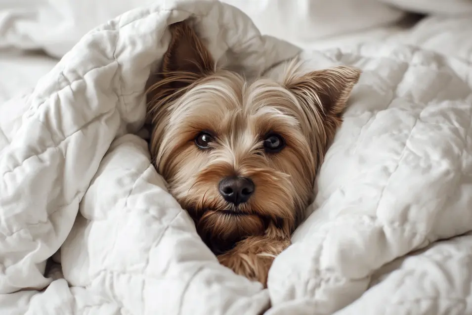 Dog under the blankets
