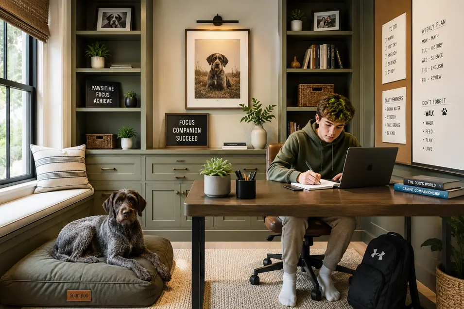Pet-friendly study space featuring a teenager working at a desk, organized storage, built-in shelving, and a Wirehaired Pointing Griffon relaxing in a comfortable dog bed beside the workspace.