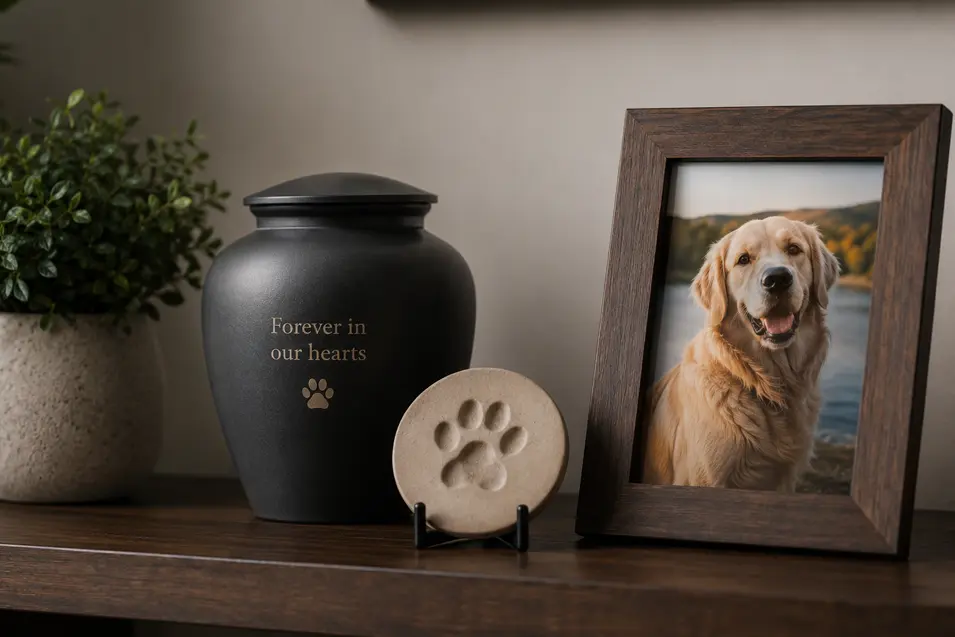 Modern memorial shelf with an urn, framed dog photo, paw print keepsake, and small plant on a wooden shelf, creating a peaceful and elegant tribute.
