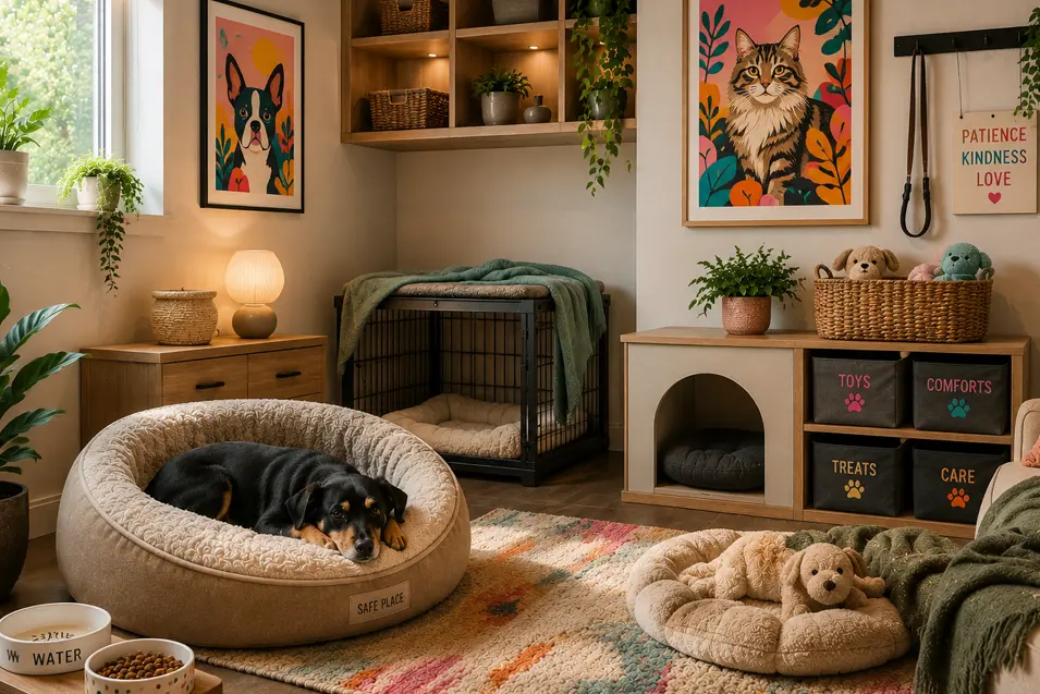 Pet-friendly safe space for rescue dogs featuring colorful pet art, plush dog beds, crate training area, organized toy storage, soft furnishings, and a comforting environment designed to help pets feel secure and relaxed.