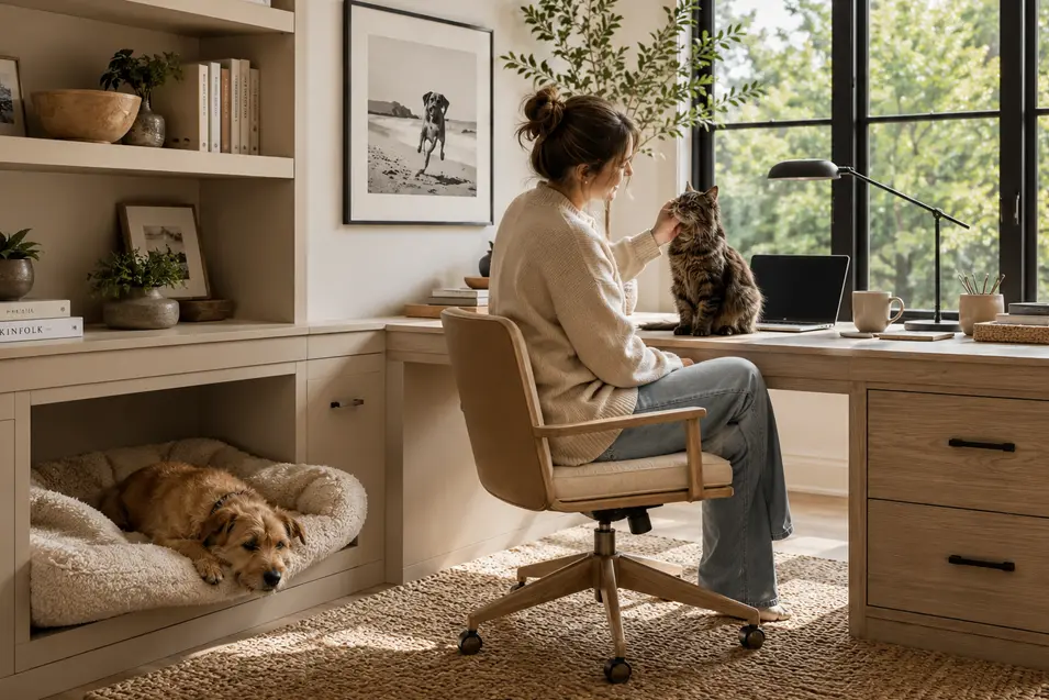 woman petting her cat in the office