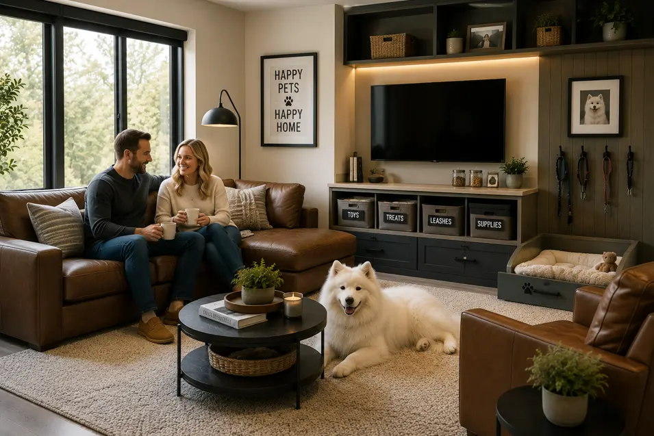 Luxury pet room featuring a couple relaxing on rich brown leather seating while a Samoyed lounges on a plush rug. The modern space includes custom built-in storage for pet supplies, a dedicated dog bed, leash organization, warm accent lighting, and upscale finishes designed to create the ultimate pet-friendly retreat.
