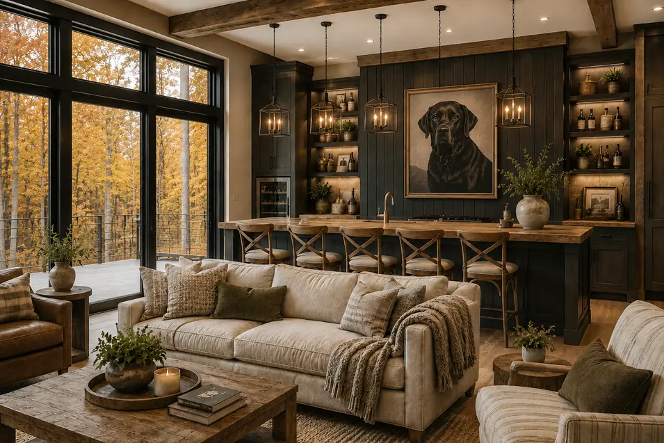 Modern farmhouse living room with a cozy bar, oversized charcoal dog artwork, warm wood accents, plush furnishings, and stunning autumn forest views through tall windows.