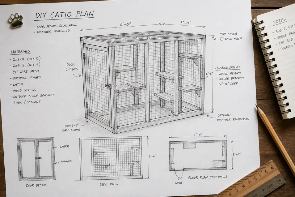 Hand-drawn DIY catio blueprint with measurements, material lists, layout notes, and detailed views showing shelves, mesh panels, and enclosure dimensions.