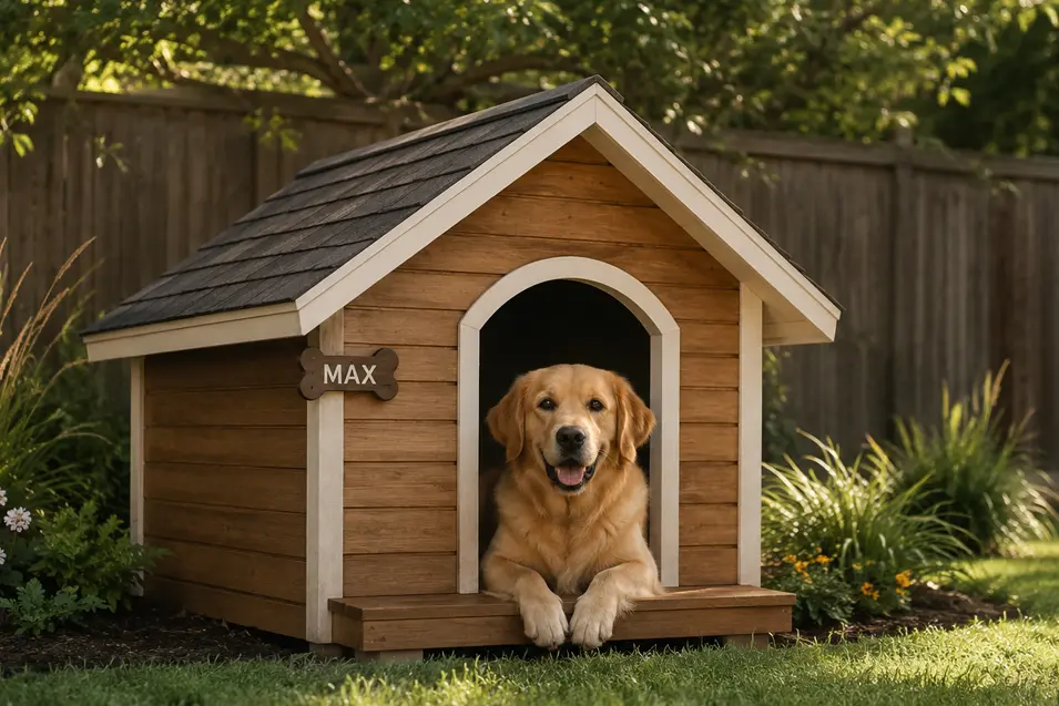 Simple wooden dog house with white trim and a shingled roof, featuring a happy Golden Retriever relaxing at the entrance in a sunny backyard.